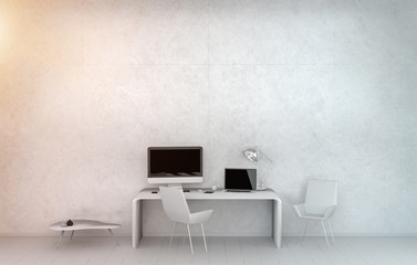 Modern white desk office interior with computer and devices 3D rendering