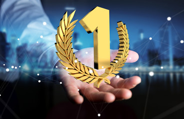 Businessman winning the first golden price 3D rendering