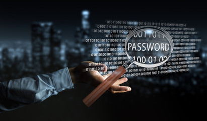 Hacker using digital magnifying glass to find password 3D rendering