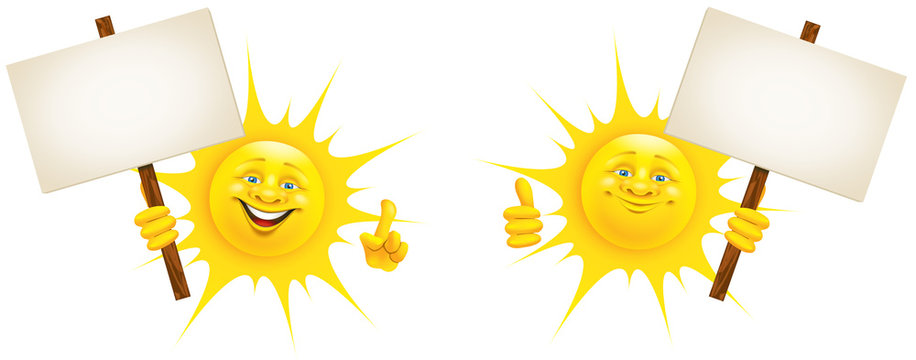 Fröhliche Cartoon Sonne mit Hand Gesten hält Schild - Set