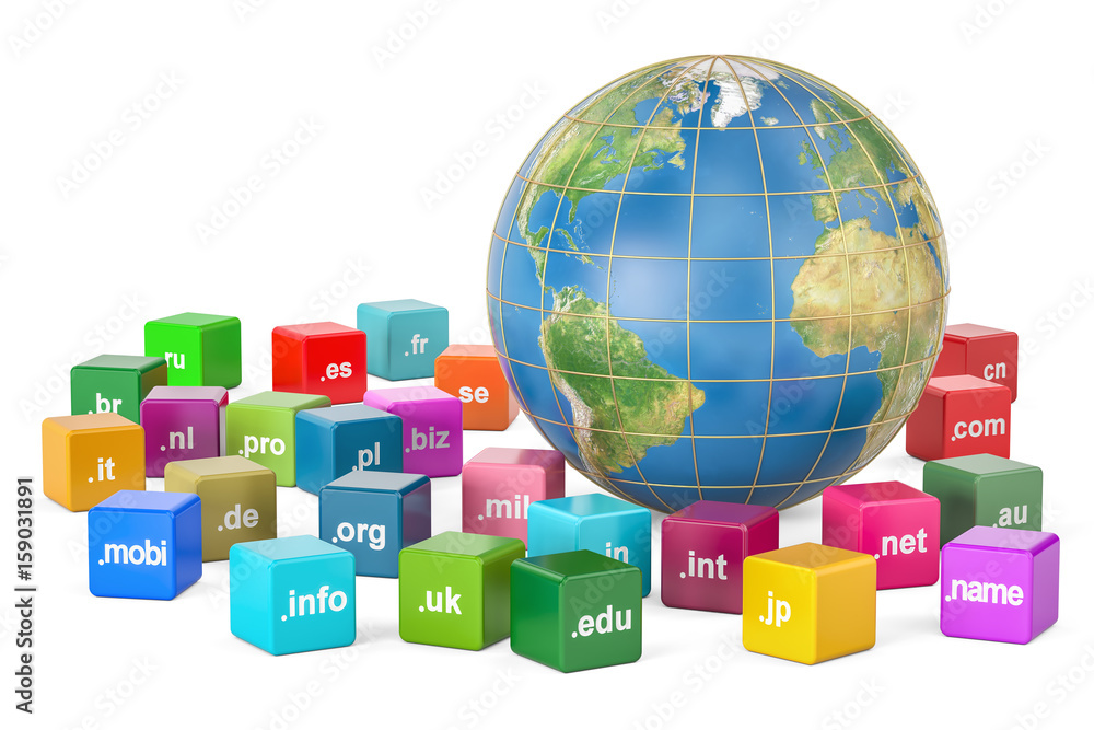 Poster earth globe with domain names, 3d rendering