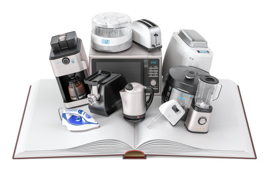 Opened blank book with household kitchen appliances, 3D rendering