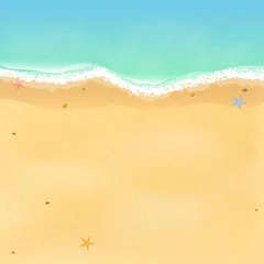 Fototapeten Summer time. Top view of an exotic empty beach with sea stars and seashells. A place for your project. A foamy sea with waves. Vector illustration © sersupervector