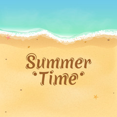 Summer time. Top view of an exotic empty beach with sea stars and seashells. Beautiful text on the sand. A foamy sea with waves. Vector illustration