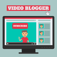 Video blogger concept. Male blogger channel. Computer screen with video player. Vector illustration in flat style
