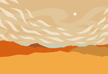 Landscape with panoramic view of red hills and sun in noon. Vector illustration