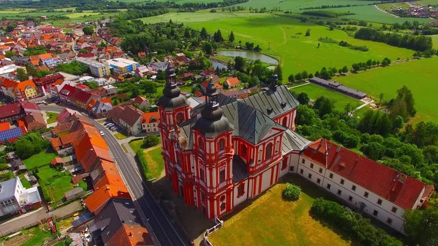 Church of The Assumption (1775) in small town Prestice. Architecture from above. Rare baroque monument in Czech Republic, Central Europe. 