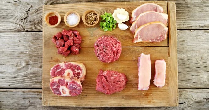 Various raw meat cuts and ingredients