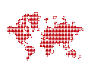 Fototapeta na wymiar The world map consists of red hearts. A concept on health, love and social networks. Flat vector illustration EPS 10