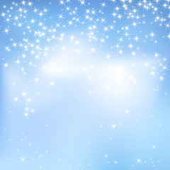Blue sky abstract background with clouds and stars. Magical New Year, Christmas event style background.