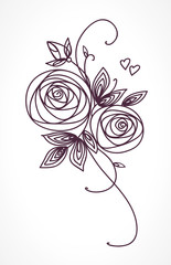 Roses. Stylized flower bouquet hand drawing. Outline icon symbol. Present for wedding, birthday invitation card.