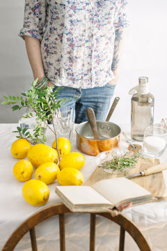 Series showing the making of homemade lemonade infused with thyme