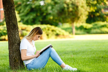 Modern student sitting in park under the tree and reading the book