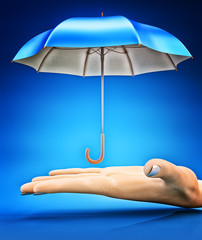 Safety, protection and insurance industry concept, open umbrella over human hand palm on blue background