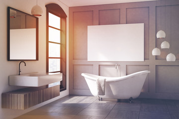 Gray bathroom interior, lamp, toned