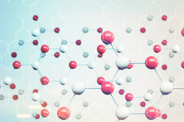 White and red molecule, white background toned