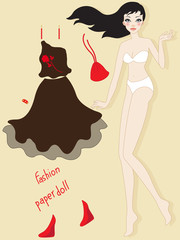 Fashion paper doll with black and red dress