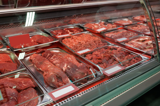 Beef in cooled display in supermarket