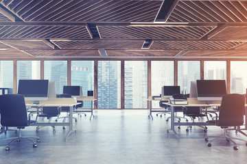 Wooden open space office front toned