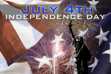 July 4th, Independence day portrayed with an American flag background, fireworks, and the statue of liberty.