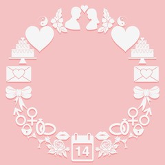 St. Valentine Day round frame icons on a pink background. The shape a ring.