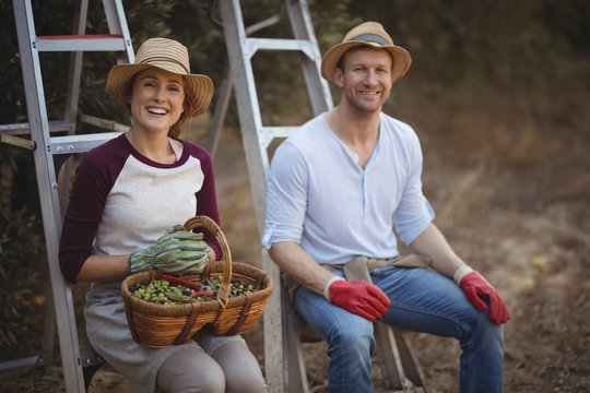 Smiling young couple with wicker basket sitting on ladders at ol