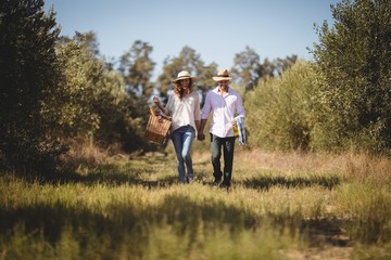 Fototapeta premium Couple holding hands while carrying picnic basket