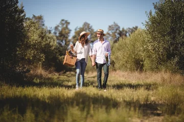 Selbstklebende Fototapeten Young couple holding hands while carrying picnic basket © wavebreak3
