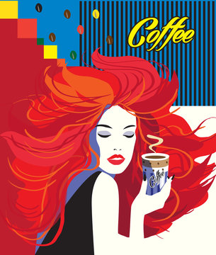 Beautiful Woman drinking coffee cup Art modern background. Concept menu, breakfast, cappuccino. Vector illustration