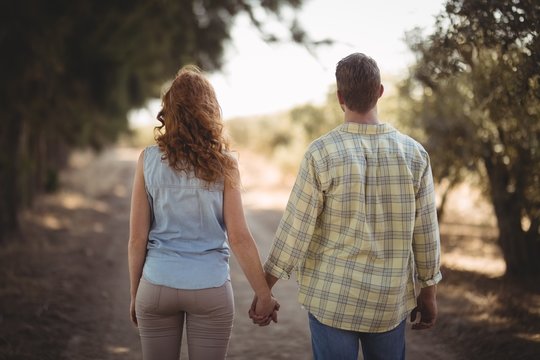 Couple holding hands while walking on dirt road at olive farm