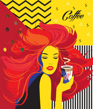 Beautiful Woman drinking coffee cup Art modern background. Concept menu, breakfast, cappuccino. Vector illustration