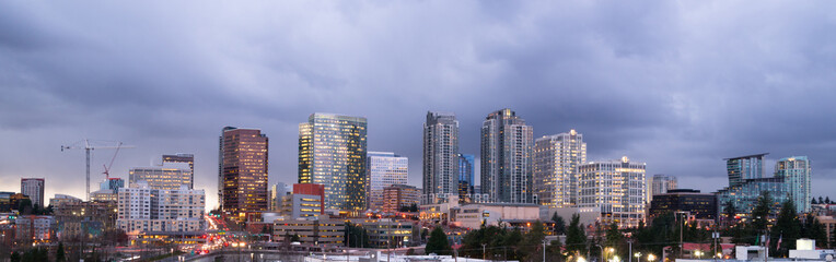 Naklejka premium Stormy Skies Architecture Landscape Bellevue Washington Downtown City Skyline