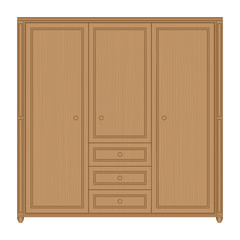 Front view of wooden wardrobe with drawers in isolated white background