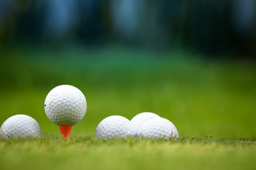 Golf balls and golf club on green grass