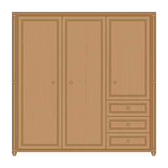 Front view of wooden wardrobe with drawers in isolated white background