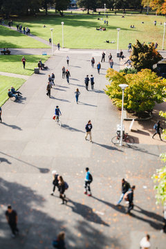 High view of people - students -  walking on college campus