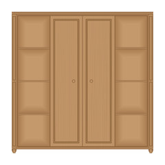 Front view of wooden wardrobe with shelves in isolated white background