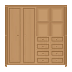 Front view of wooden wardrobe with drawers and shelves in isolated white background