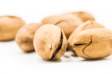 pecan nuts in a shell on the white background