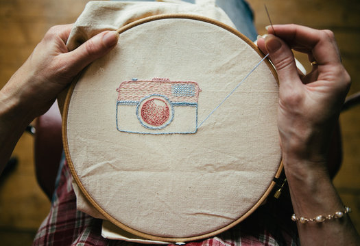 Embroidery hoop with silks and buttons