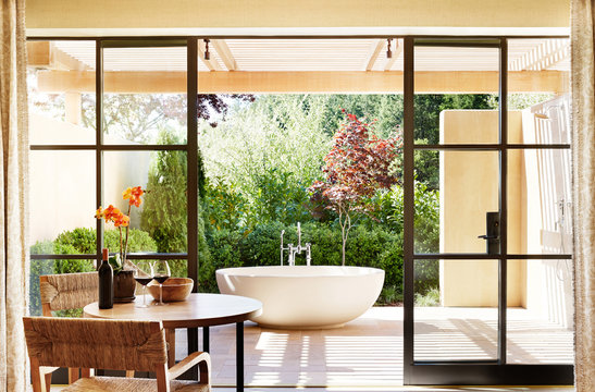Luxury resort room with outdoor bathtub