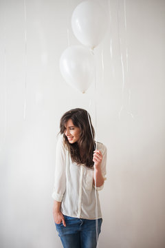 Pretty Woman With White Balloons