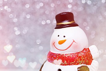 Snowman closeup on glitter abstract background