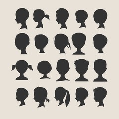 Collection of woman silhouettes with different hair styles.