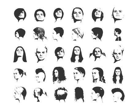 Collection of woman silhouettes with different hair styles.