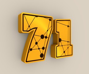71 number illustration. Classic style Sport Team font. Numbers decorated by lines and dots pattern. 3D rendering. Golden metallic material