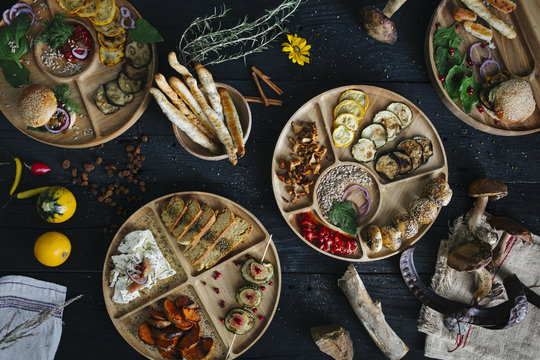 Food Served on Tapas Wooden Plate