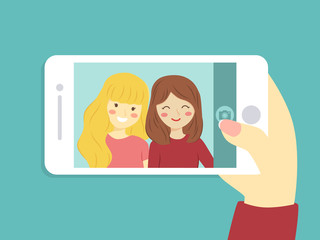 Two girls take a selfie picture together with smart phone vector illustration