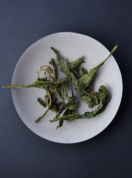 Dried comfrey herbs in concrete bowl 