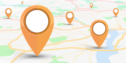 GPS navigator pin mock up orange color  on street map of city